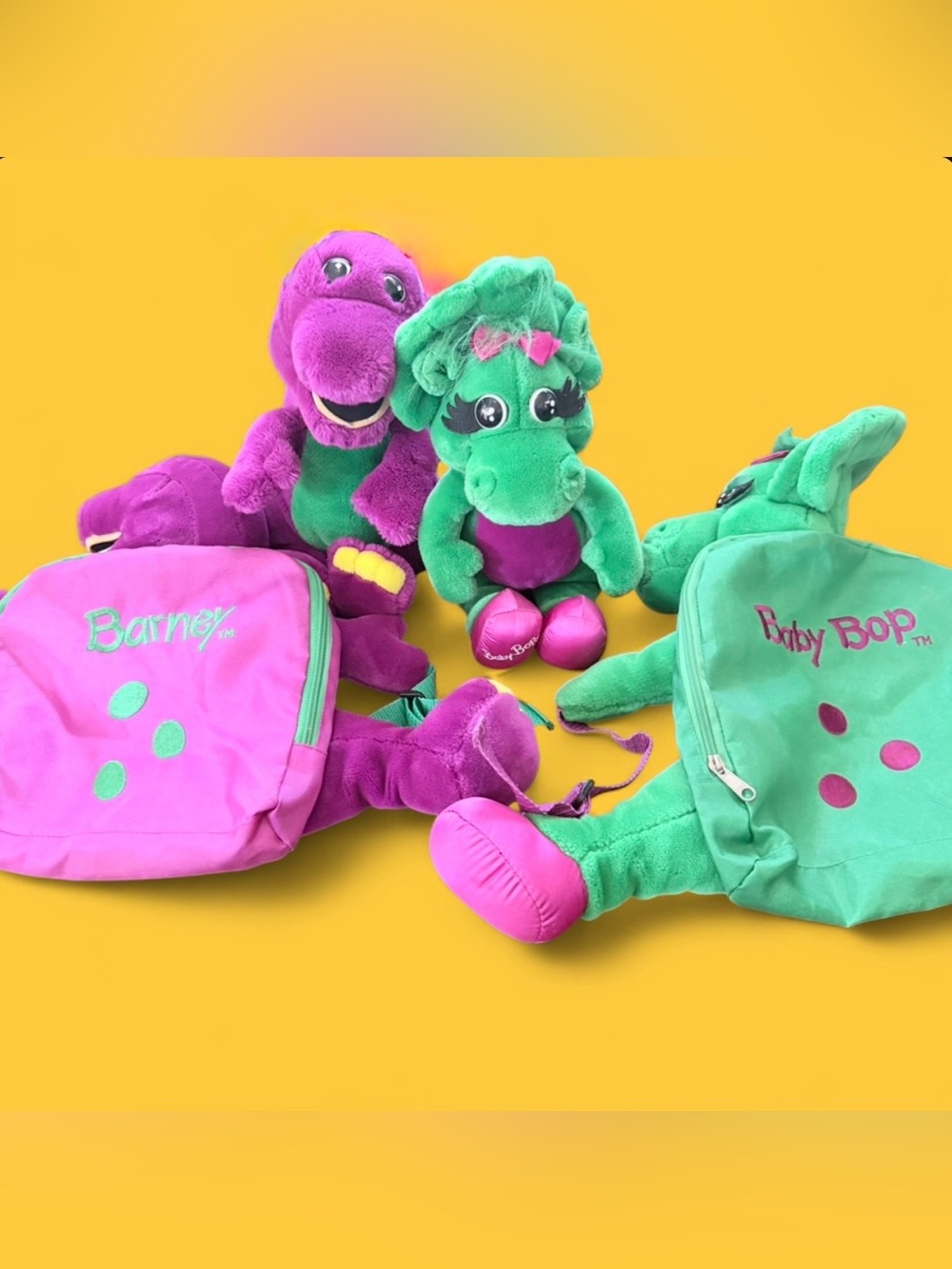 Vintage 1992 Barney & Baby Bop Plush Backpack Lot Korea Lyons Group HTF